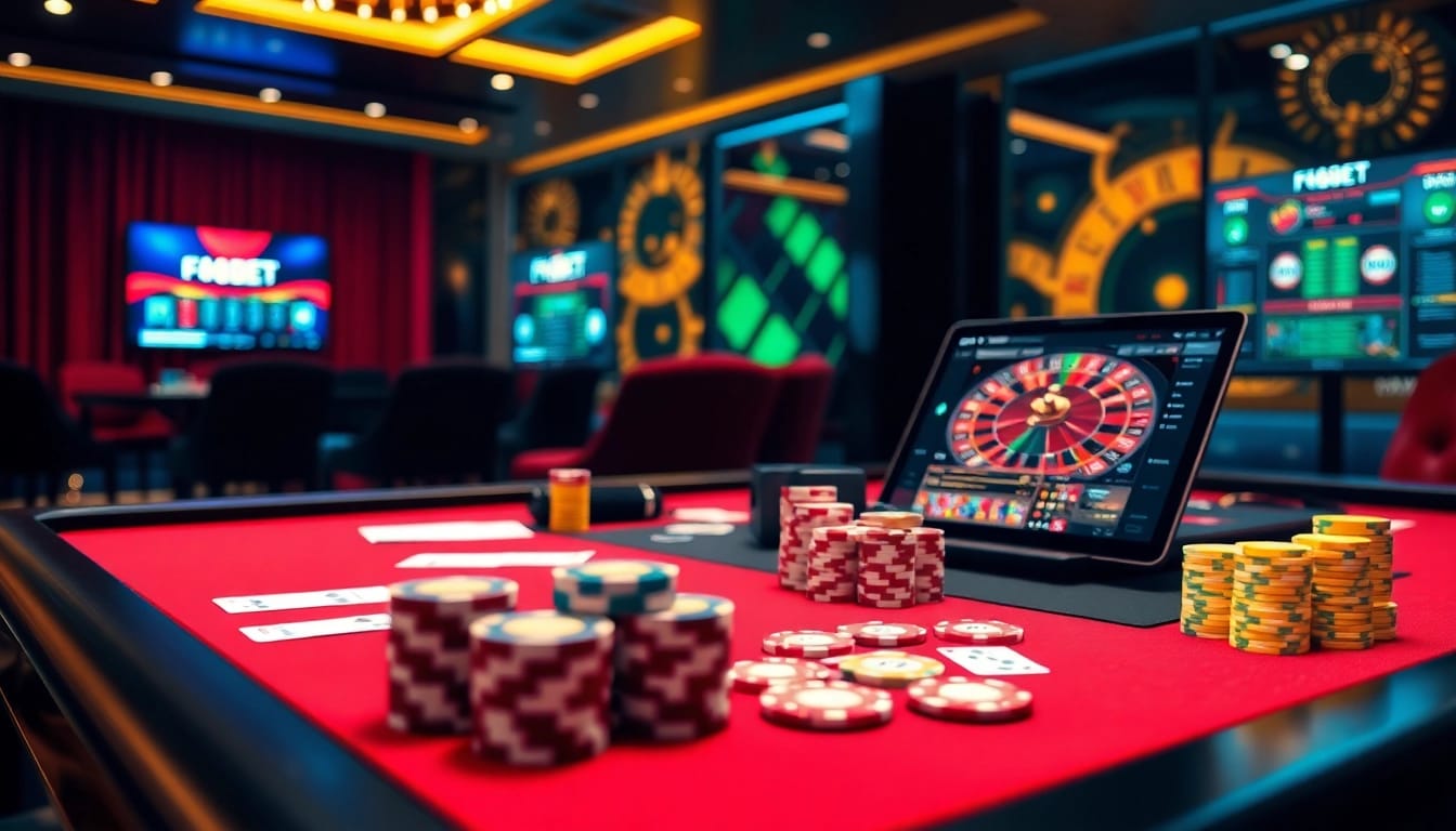 Experience the thrill of F8Bet with exciting casino games featuring vibrant poker chips and roulette.