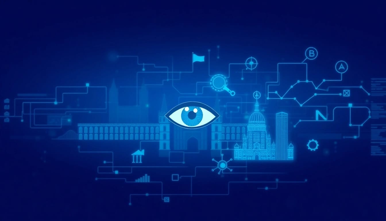 Grafik zur Industriespionage in Nürnberg mit Symbolen für Unternehmensschutz und Informationssicherheit