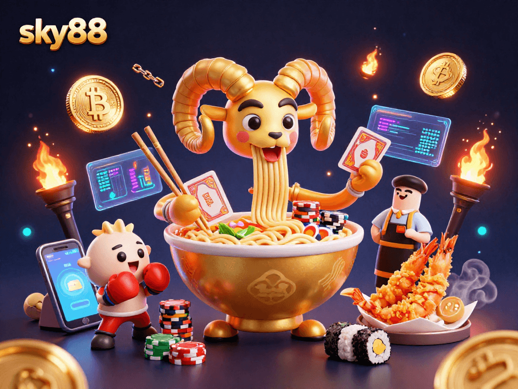 Experience thrilling moments at sky88 with vibrant 3D characters in a bustling casino world.