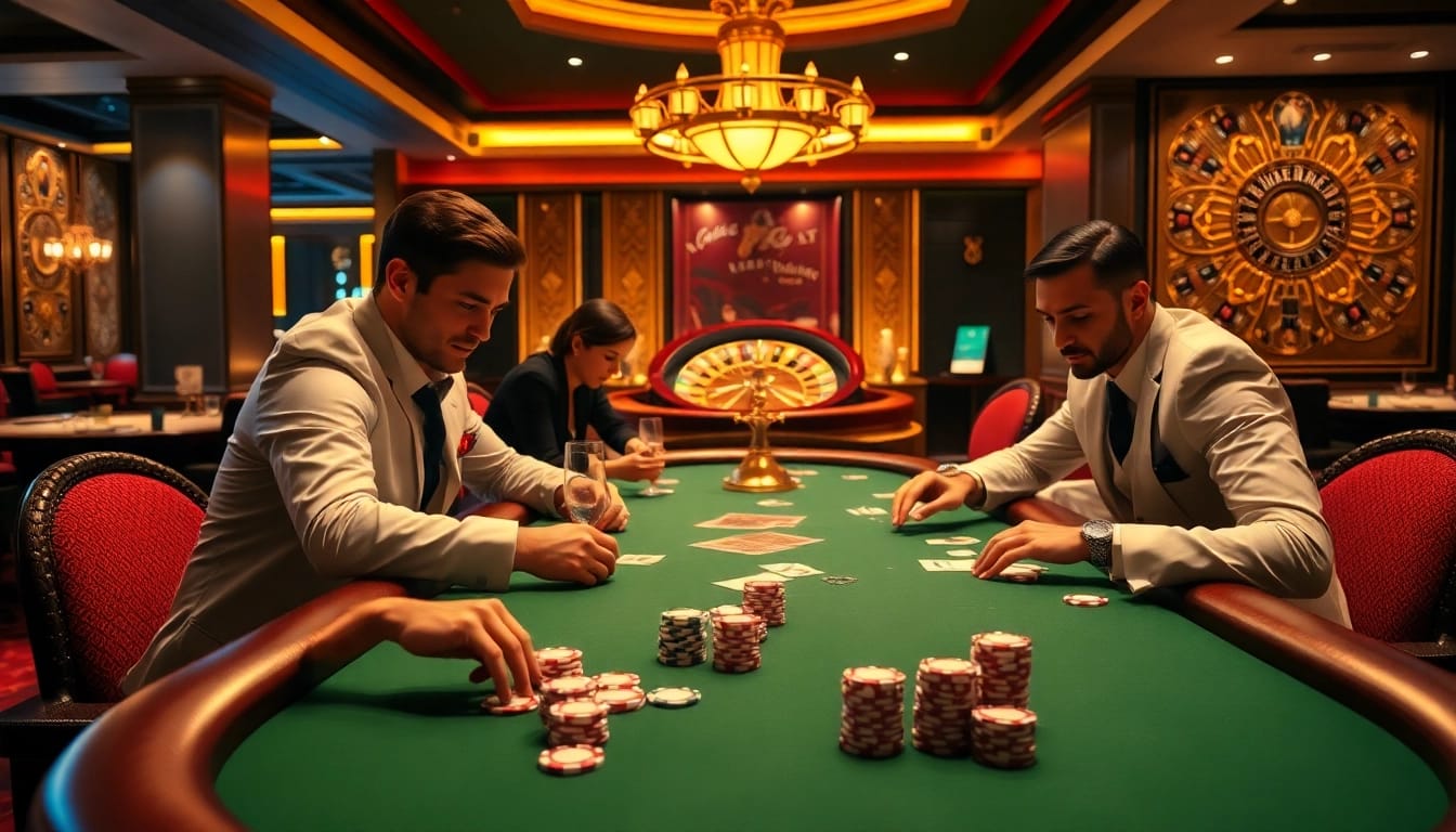 Players enjoying a high-stakes game at Jun888 casino, showcasing excitement and strategy.