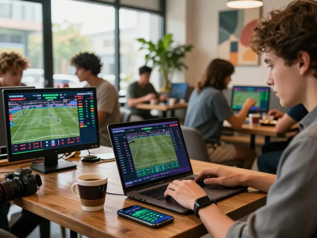Bong99 online betting scene with user engaging at a laptop in a vibrant cafe.