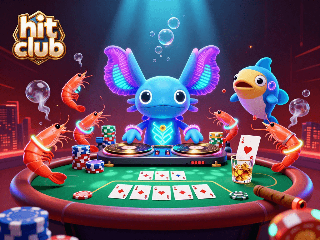 Join the hit club at this vibrant underwater casino scene featuring neon-colored axolotl DJ and lively shrimp dancers.