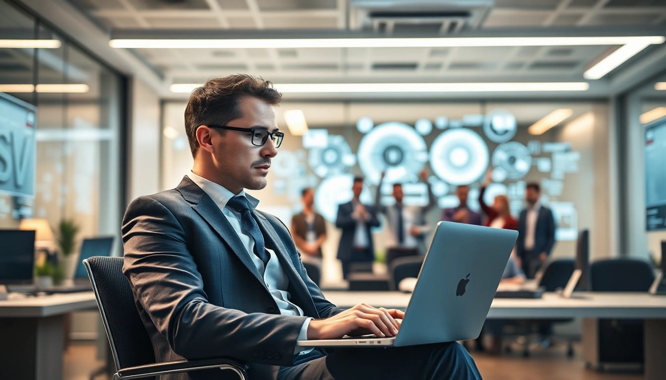 Headhunter IT analysiert Bewerbungsunterlagen in modernem Büro.