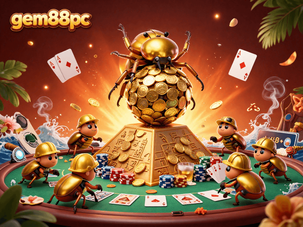 Experience the thrill of gem88pc with golden beetles rolling coins in a vibrant casino scene.