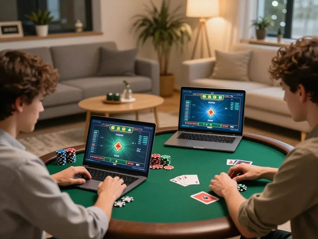 Freunde spielen online Poker zu Hause und zeigen eine dynamische Spielinteraktion mit Immobilienmakler Frankfurt Preungesheim im Fokus.