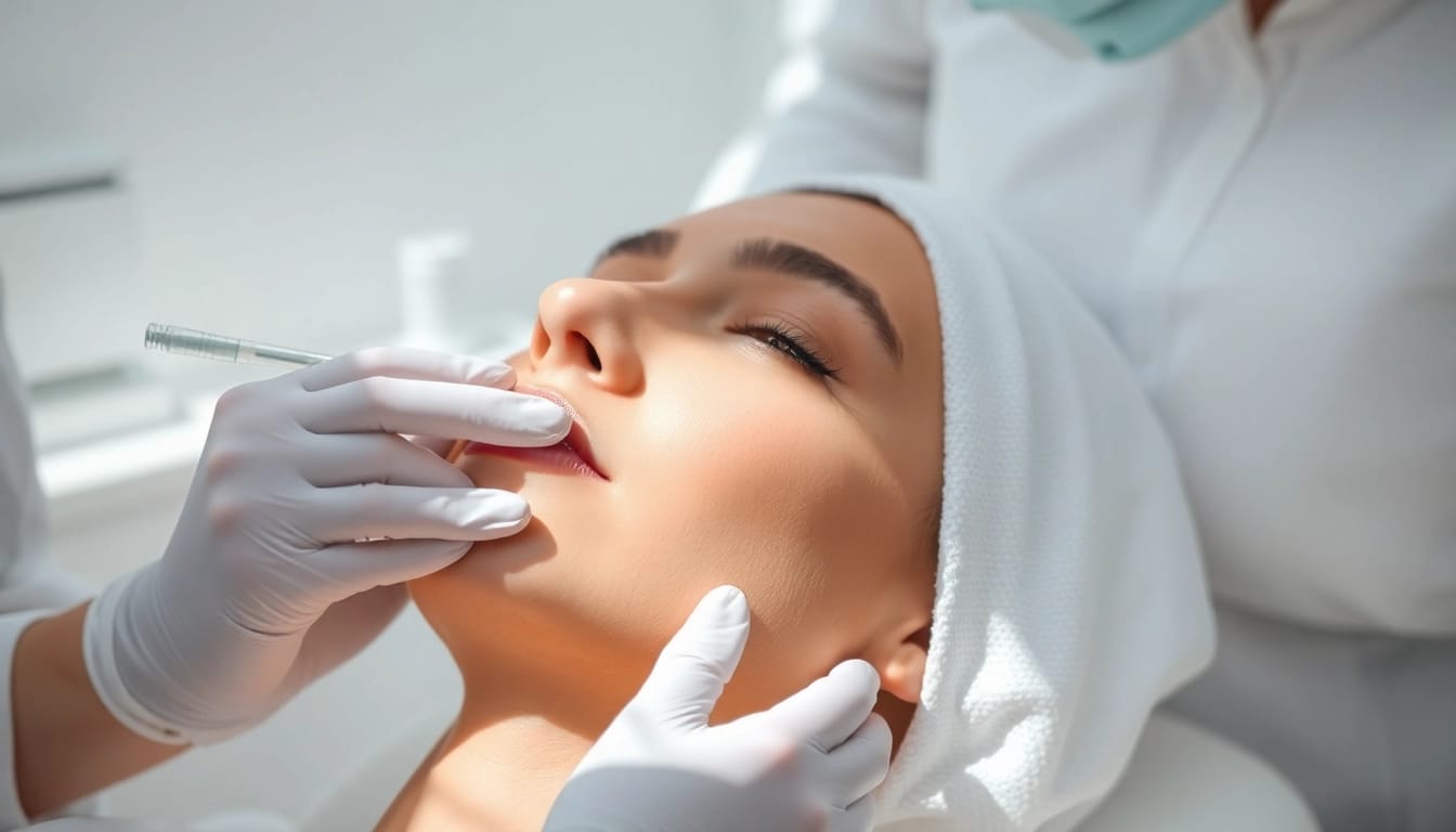 Restylane Anwendung bei einem Patienten durch einen Fachmann in einer hellen Klinik.