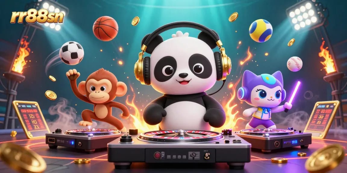 Spin and win with rr88sn in this vibrant casino scene featuring animated characters and sports elements.
