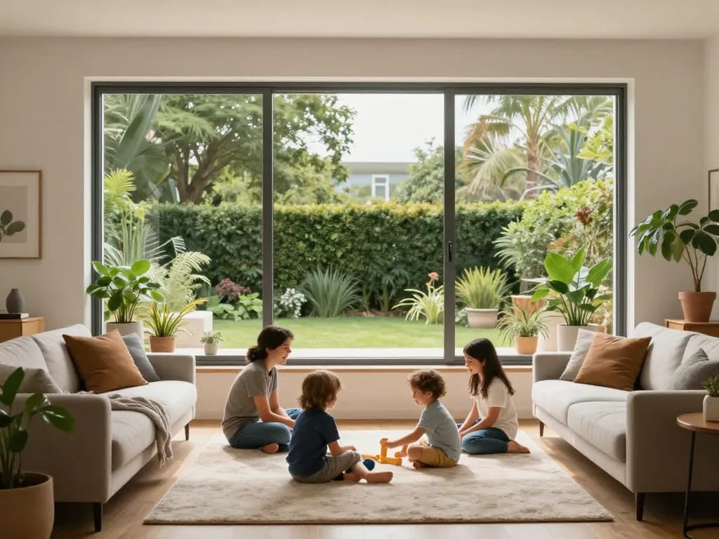 Familie, die Zeit drinnen mit fenster schüco Fenstern genießt, die natürliches Licht in einem modernen Zuhause bieten.