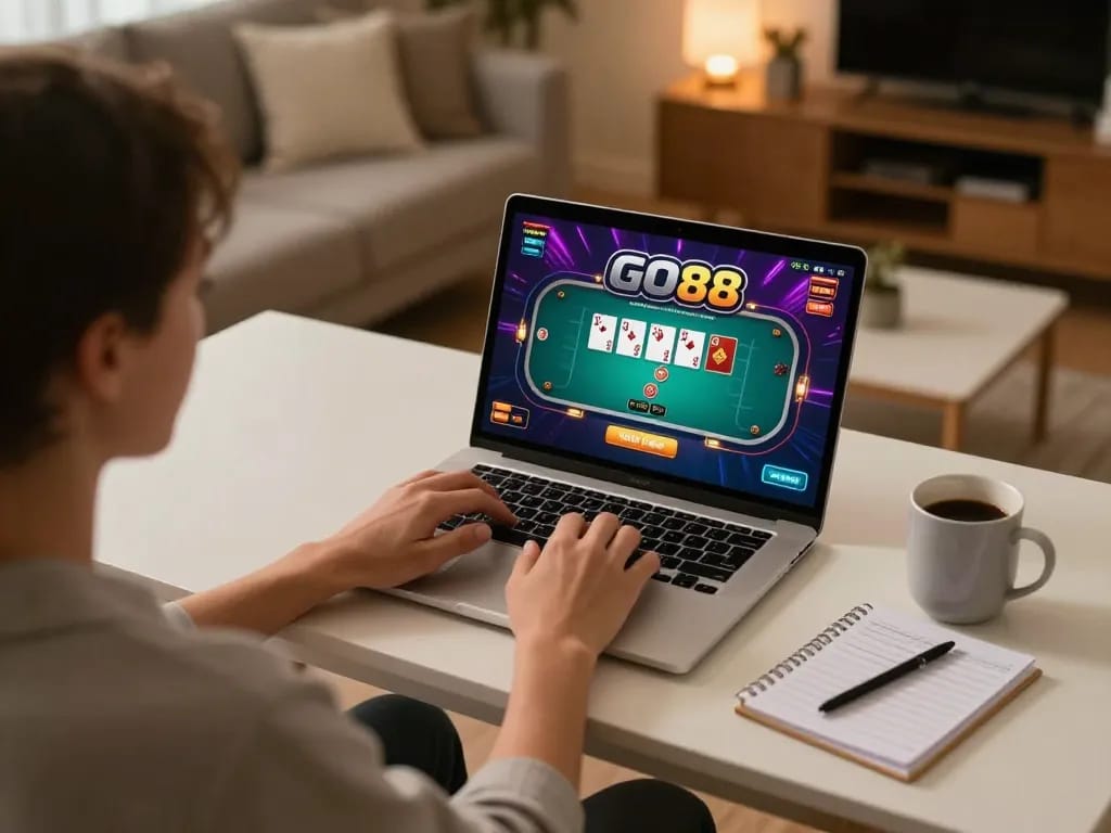 Engaged player gaming on GO88 online platform at home, showing vibrant poker interface on laptop.