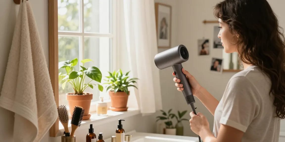 Woman using a compact hair dryer in a cozy bathroom, showcasing personal care and beauty.