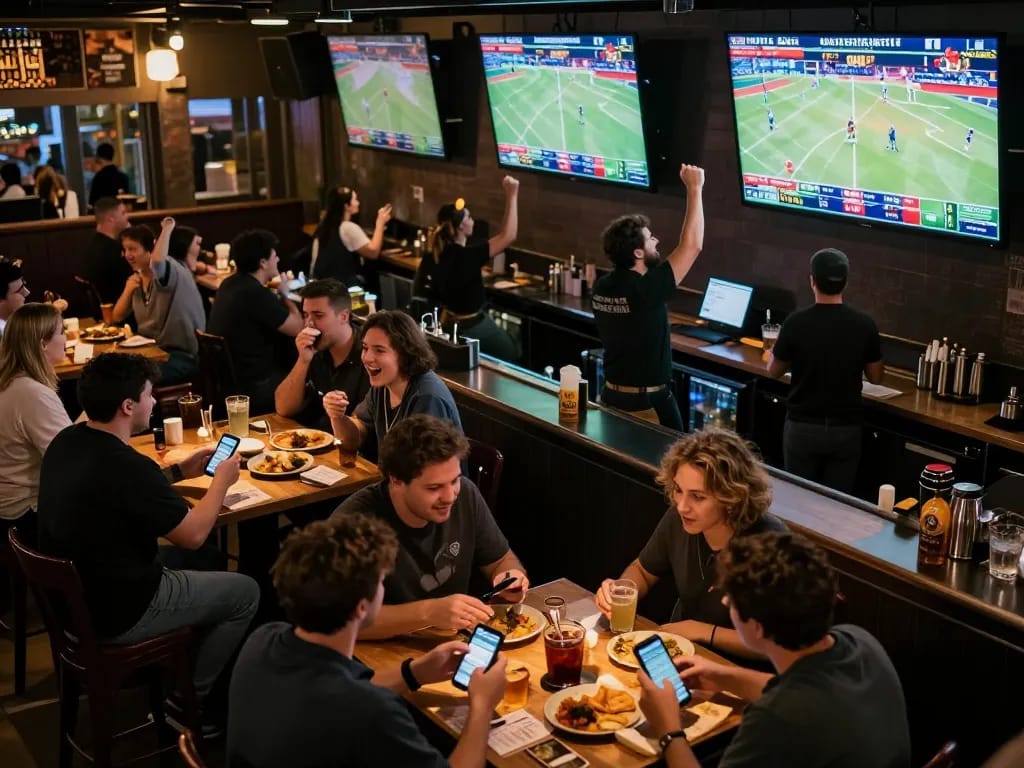 Tỷ lệ nhà cái in action as fans cheer during a live sports betting event at a crowded bar
