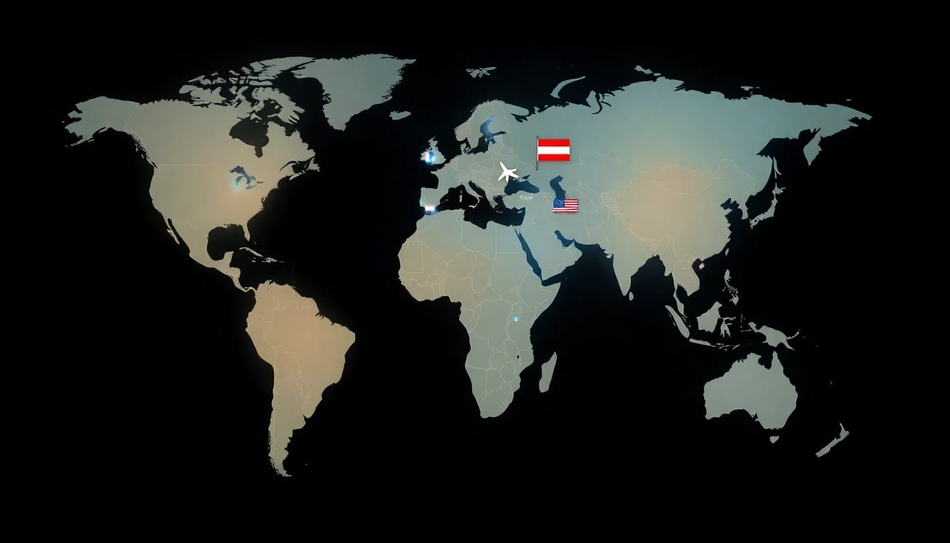 Globale Darstellung internationaler Nachrichten mit Symbolen auf einer Karte
