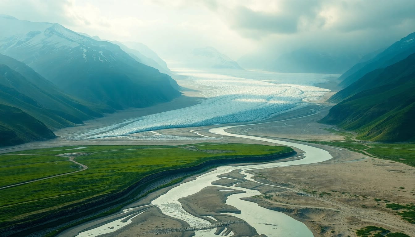Illustration of Klima effects on nature, showcasing melting glaciers and a parched riverbed.