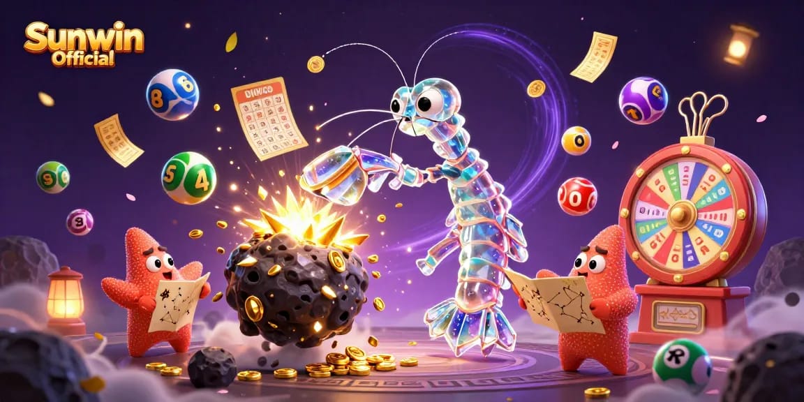 Engage with Sunwin Official through a whimsical 3D casino adventure featuring vibrant lottery elements and treasures.