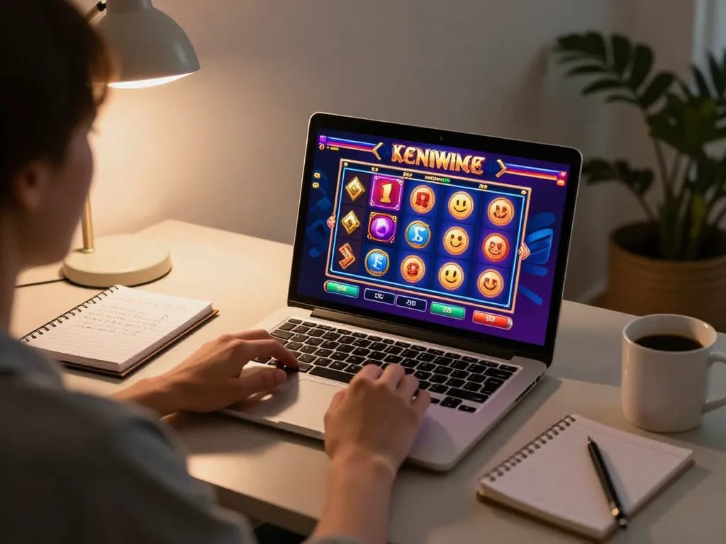 Engaging with go8casino com online slots from a cozy home office setup, illustrating modern gaming