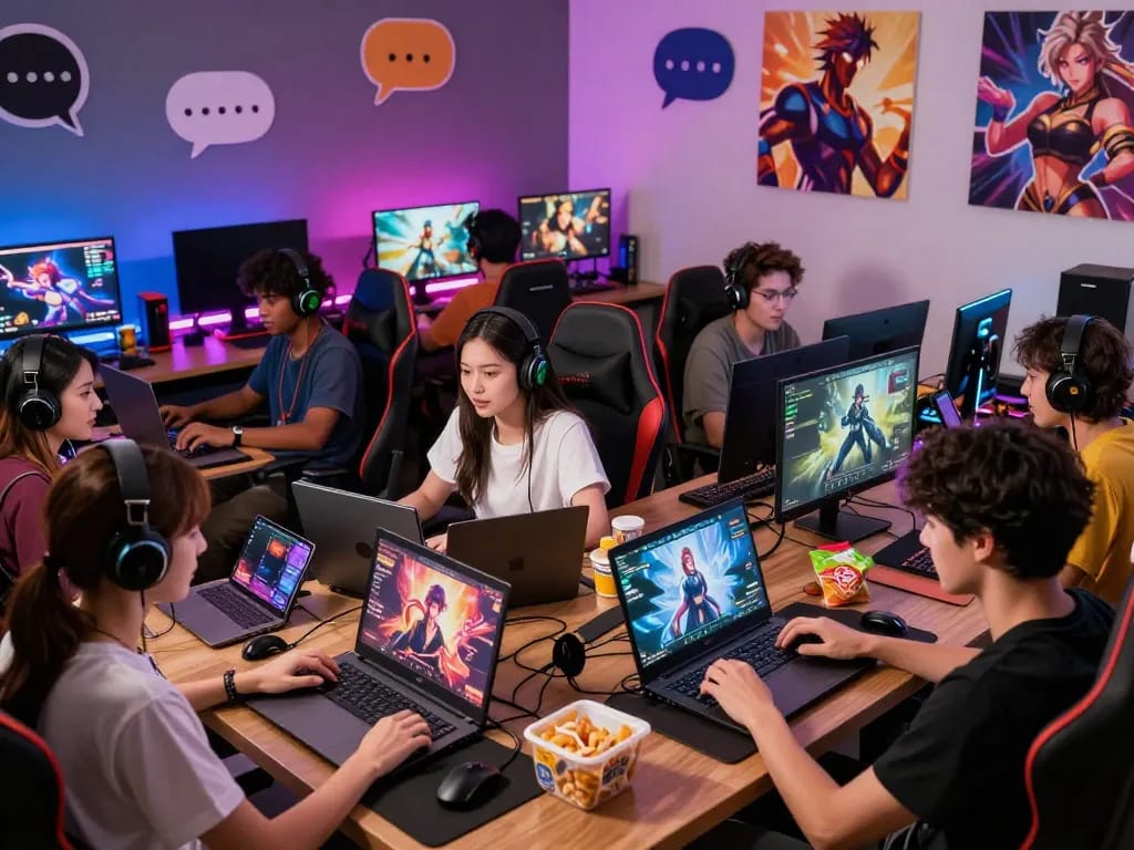 Interactive group of adults enjoying sex game online on various devices in a vibrant gaming setup.