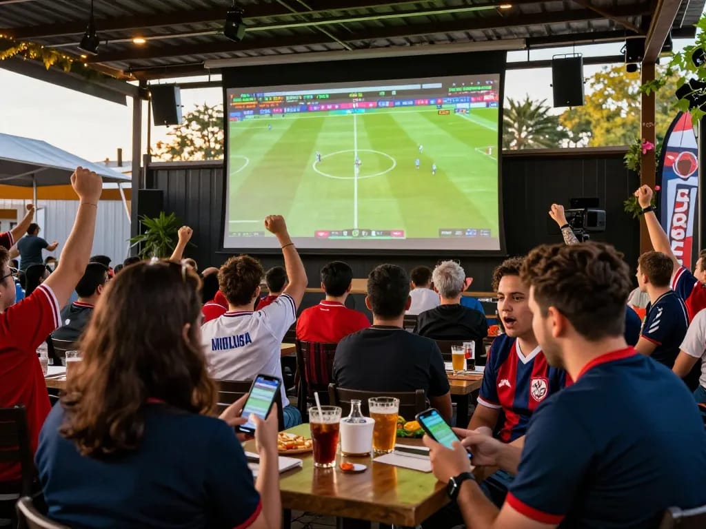 Soi kèo analysis at a lively outdoor sports betting event with fans engaging in real-time betting