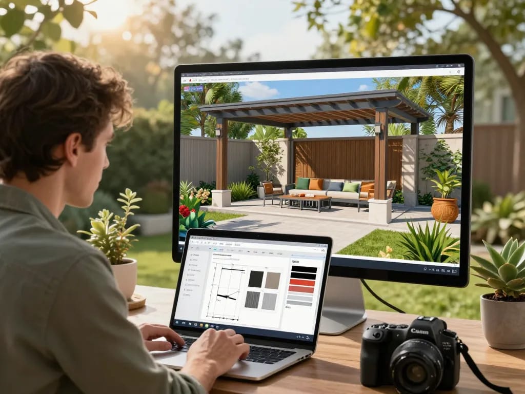 Designer verwendet einen Veranda 3D Konfigurator, um eine Pergola in einer Außenszenerie anzupassen.