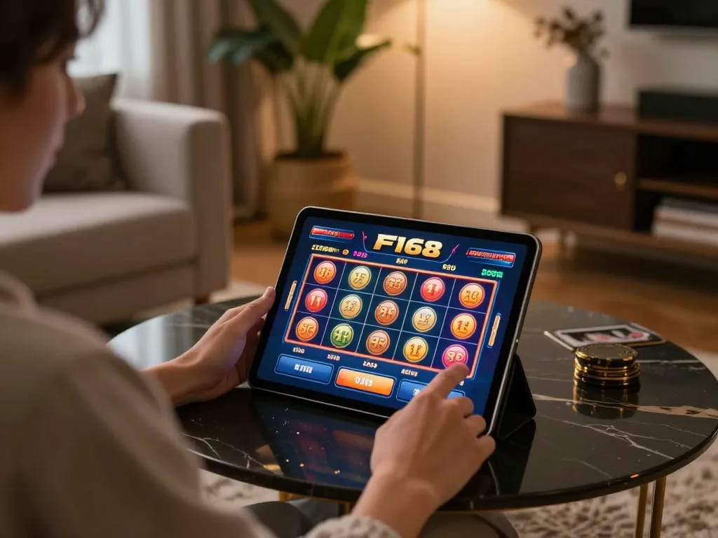 Player engaging with F168 casino app on tablet in a stylish home setting.