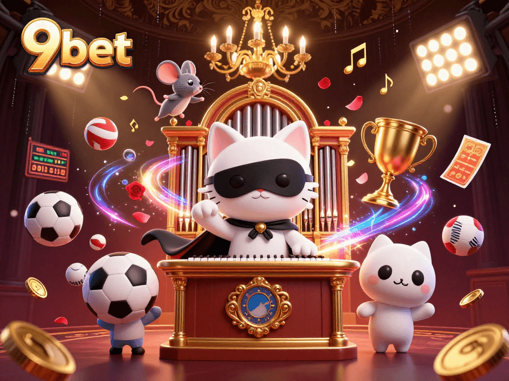 Engage in the excitement of 9bet with vibrant sports-themed casino elements and energetic characters.