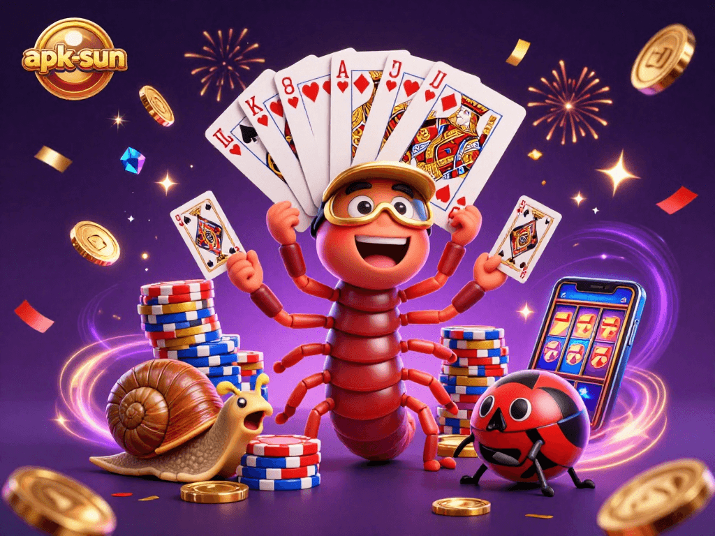 Engage with apk-sun's vibrant casino scene showcasing a millipede dealer, high-roller snail, and lively pill bug.