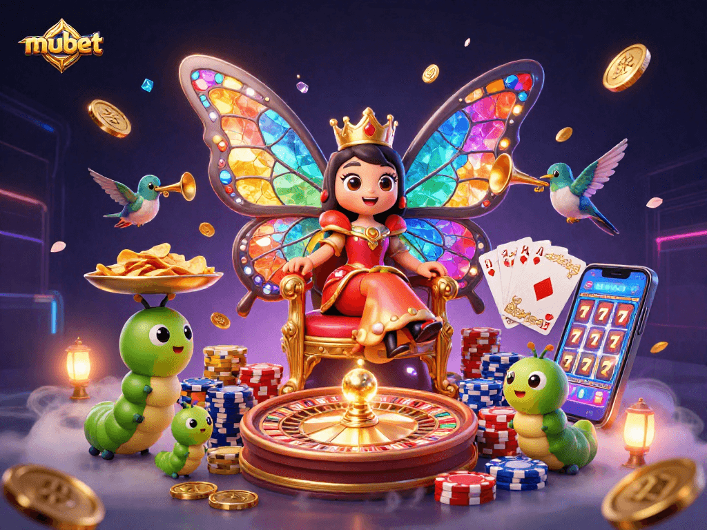 Engage with mubet's thrilling games amidst a dazzling casino scene featuring a butterfly queen.