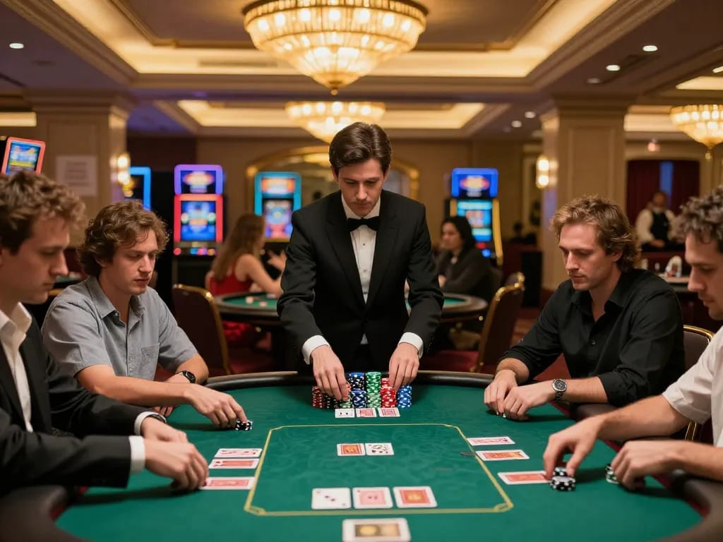 Nohu poker players strategizing with stacked chips at a luxury casino table.