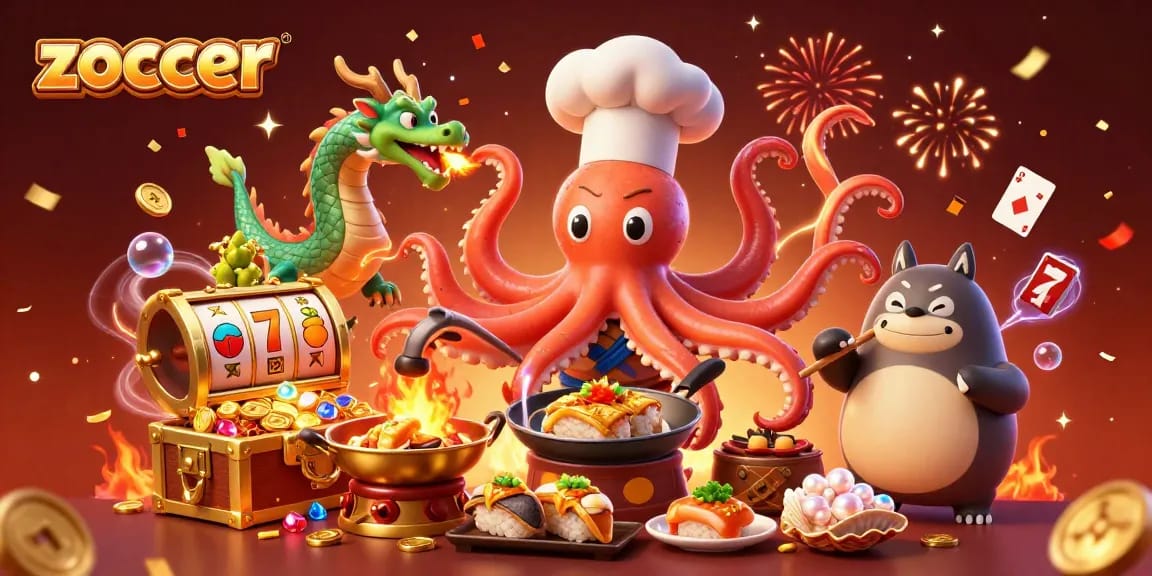 Zoccer players enjoy 3D sushi-cooking fun with cinematic excitement in a vibrant casino world