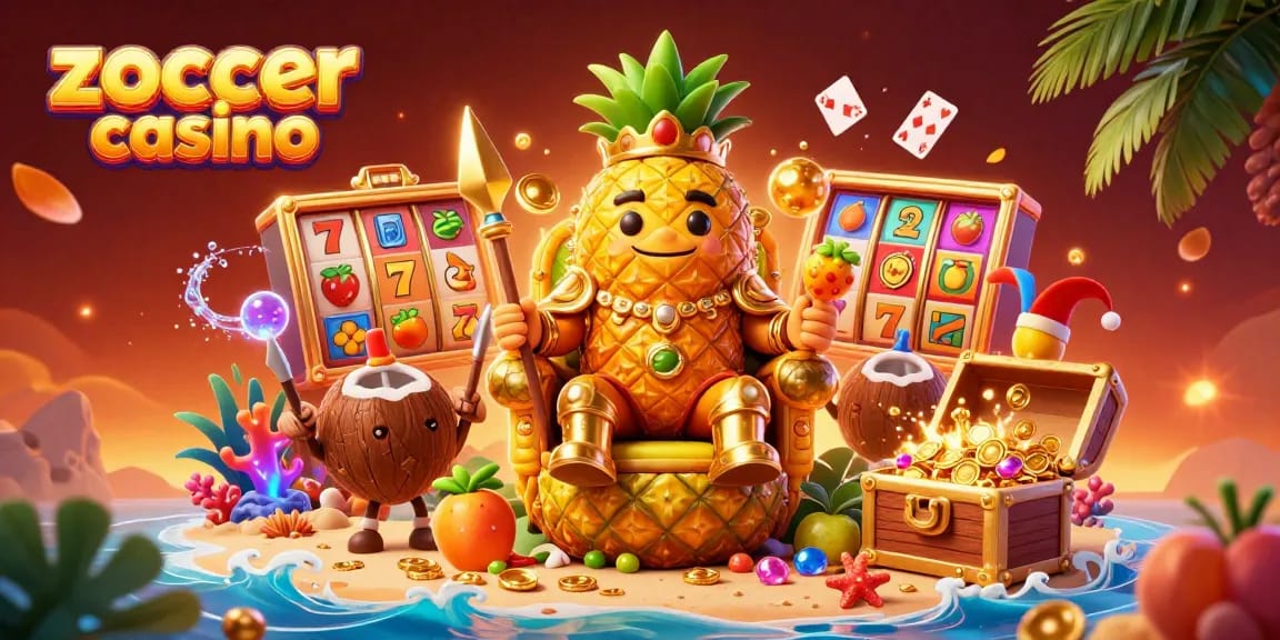 Zoccer casino offers an exciting beach scene with a golden pineapple king and vibrant slot elements.
