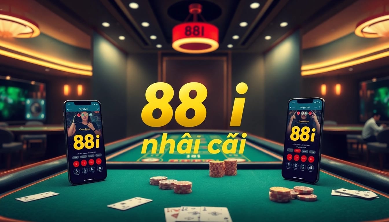 Exciting online gambling scene featuring 88i nhà cái with casino chips, cards, and gaming devices.