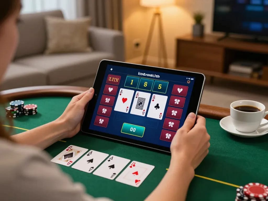 f168 player engaging in live dealer blackjack on tablet in cozy home environment
