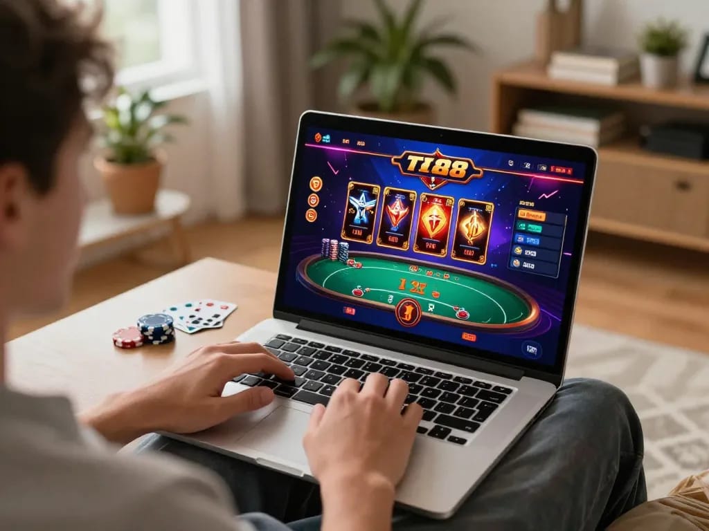 Engage with thrilling online gaming at link f168, showcasing a player on a laptop immersed in casino fun.