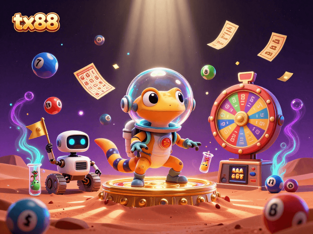 Exciting tx88 gaming experience with Martian gecko discovering a golden casino in a space-themed extravaganza.