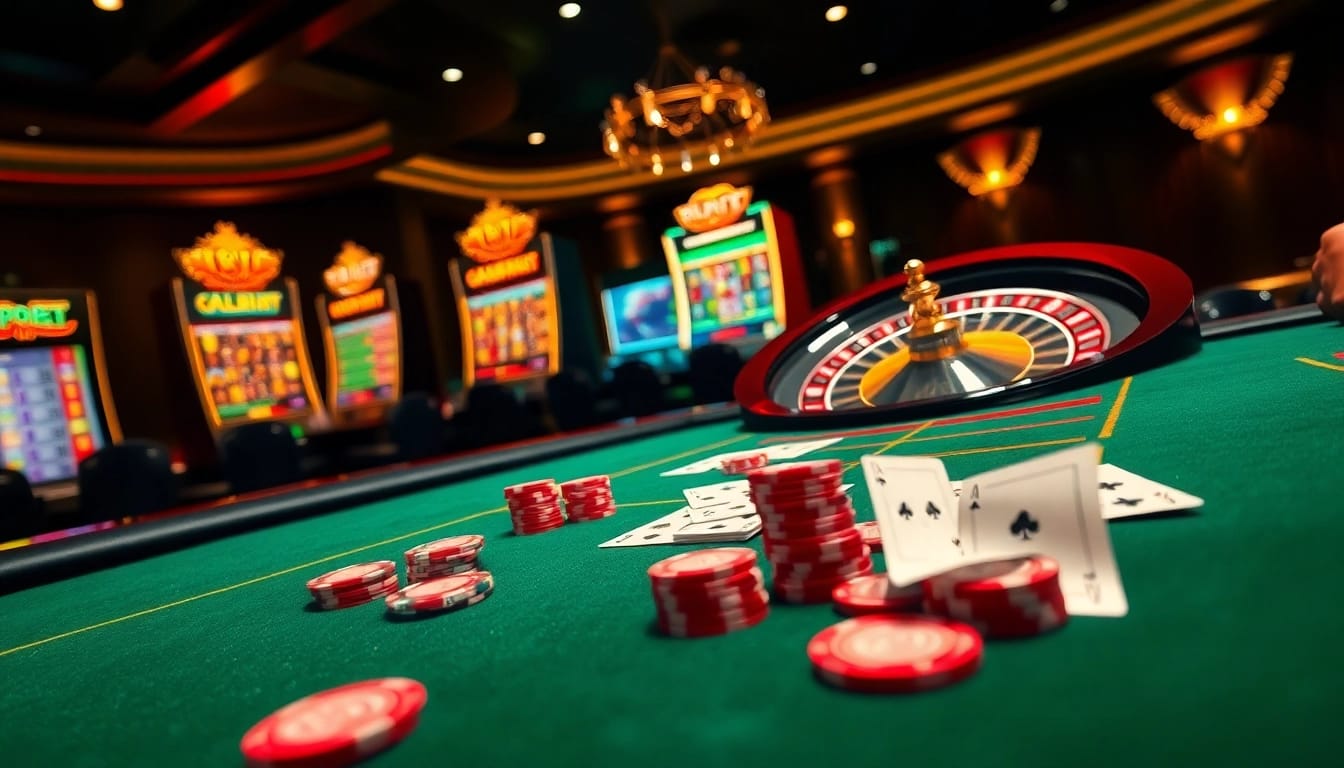 Exciting gaming moment at F8 BET casino with poker table, roulette wheel, and slot machines in play.