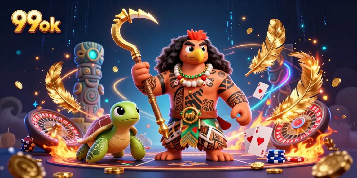Win big at 99ok by engaging with a vibrant casino-themed scene featuring dynamic characters and elements.