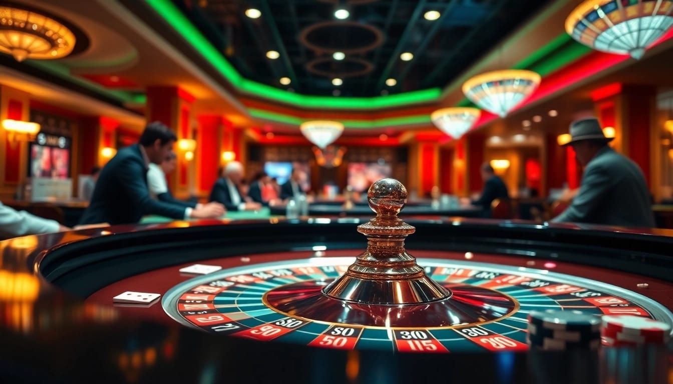 Spannende Casino-Atmosphäre mit Spielern an einem Roulettetisch auf casinospielen.de erleben.