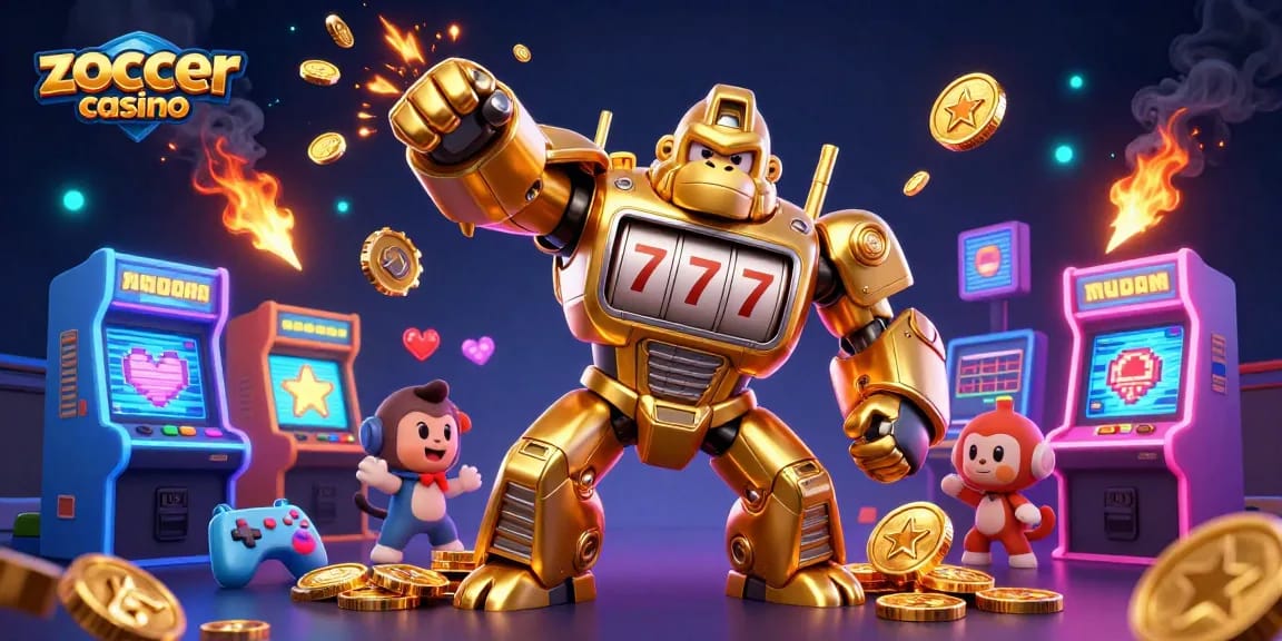 Win big at zoccer casino in a vibrant 3D game universe, featuring the golden gorilla mech.
