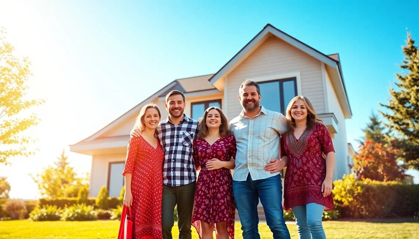Celebrating a successful Hauskauf, a family stands joyfully in front of their new home.