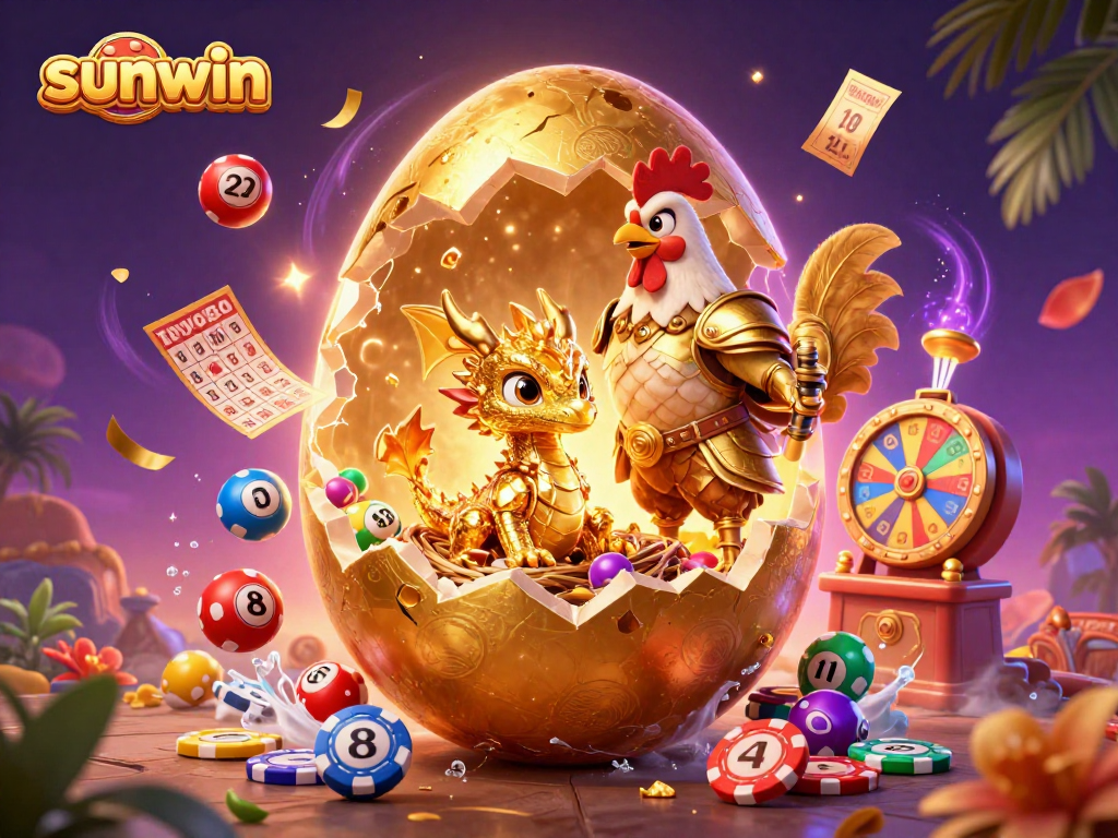 Win big with sunwin's vibrant 3D illustration showcasing a golden dragon in a casino paradise.