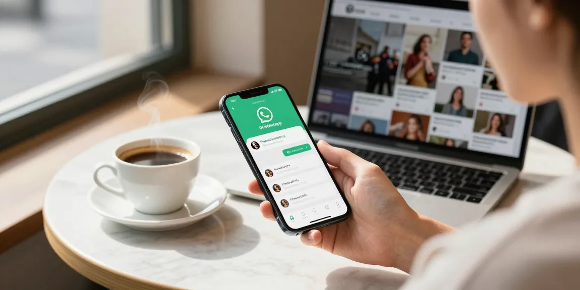 Engaged user enjoying enhanced features on FM WhatsApp in a modern café setting.