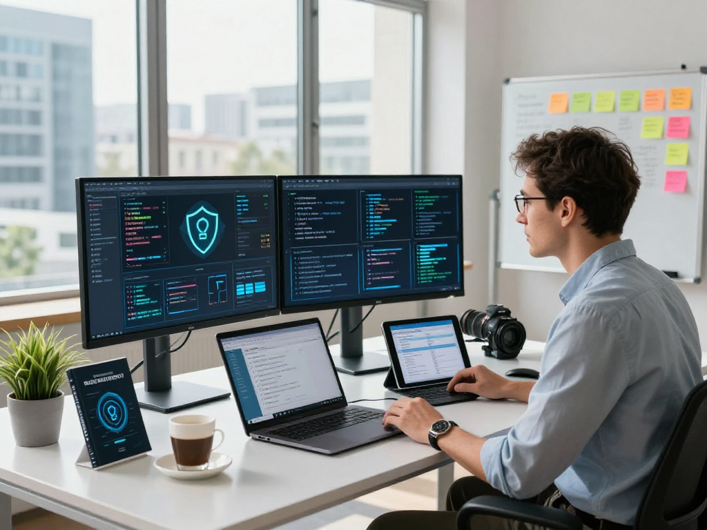 Daten- und IT-Sicherheit Dienstleistung in a modern office, featuring a cybersecurity expert engaged in data protection analysis.