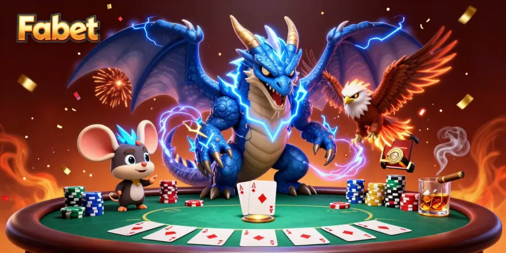 Experience the thrilling magic of Fabet with a thunder dragon and vibrant poker scene.