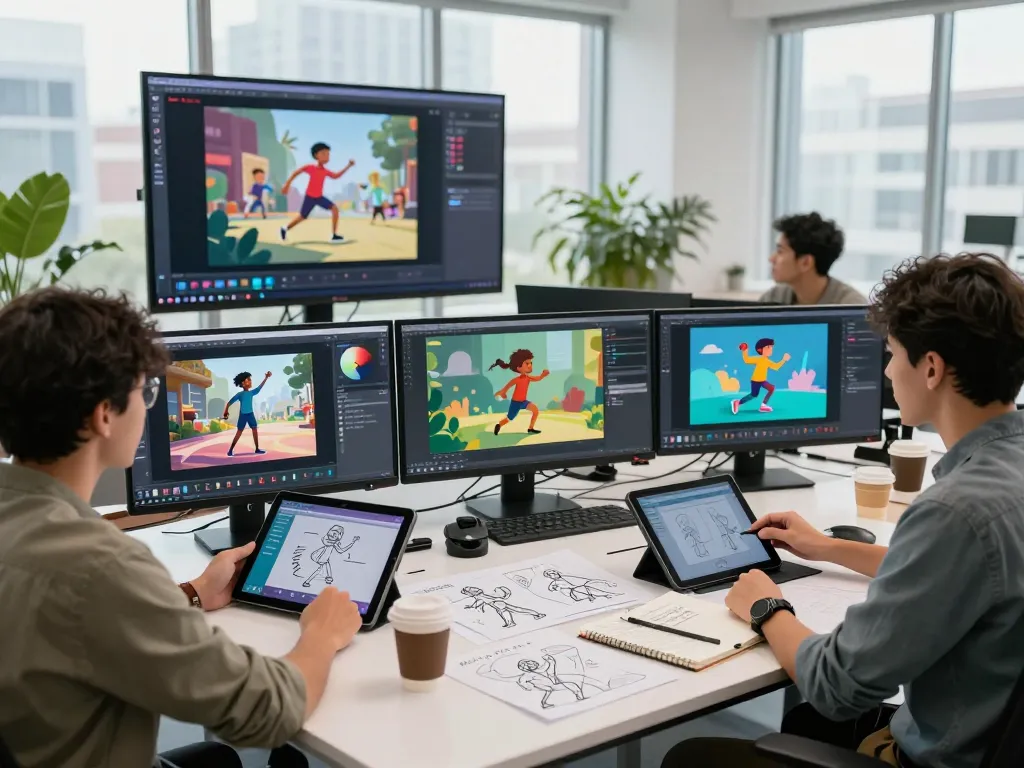 Creative studio team showcasing motion control ai in action, animating characters with digital tools in a vibrant workspace.