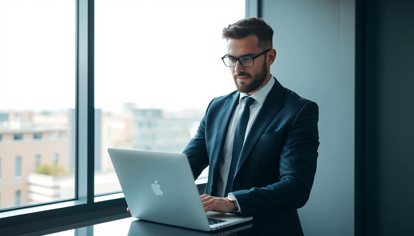 Headhunter Oberhausen arbeitet konzentriert an einem Laptop in einem modernen Büro.
