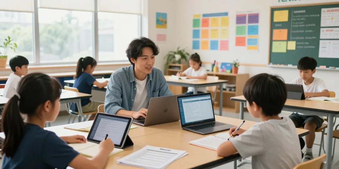 Teacher using EMStudio online teacher planner in a modern classroom setting, engaging students with lesson plans and technology.