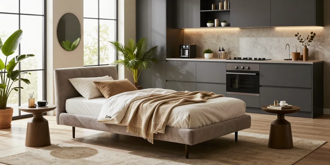 Entdecken Sie stilvolle Optionen zum Möbel Kaufen, mit einem modernen Wohnzimmer, das ein Zele Einzelbett und eine elegante Küchenzeile zeigt.