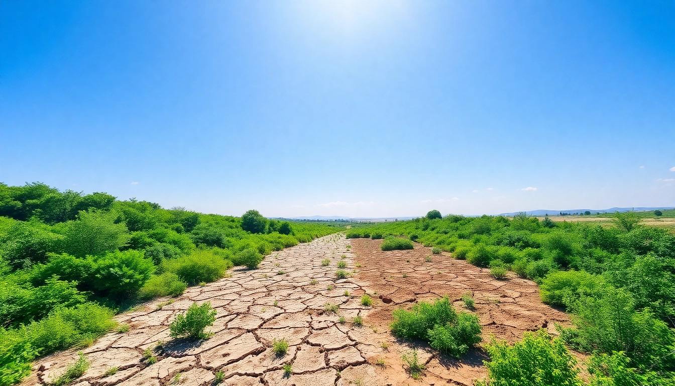 Visualize climate impacts through lush flora and patches of drought, emphasizing klima diversity.