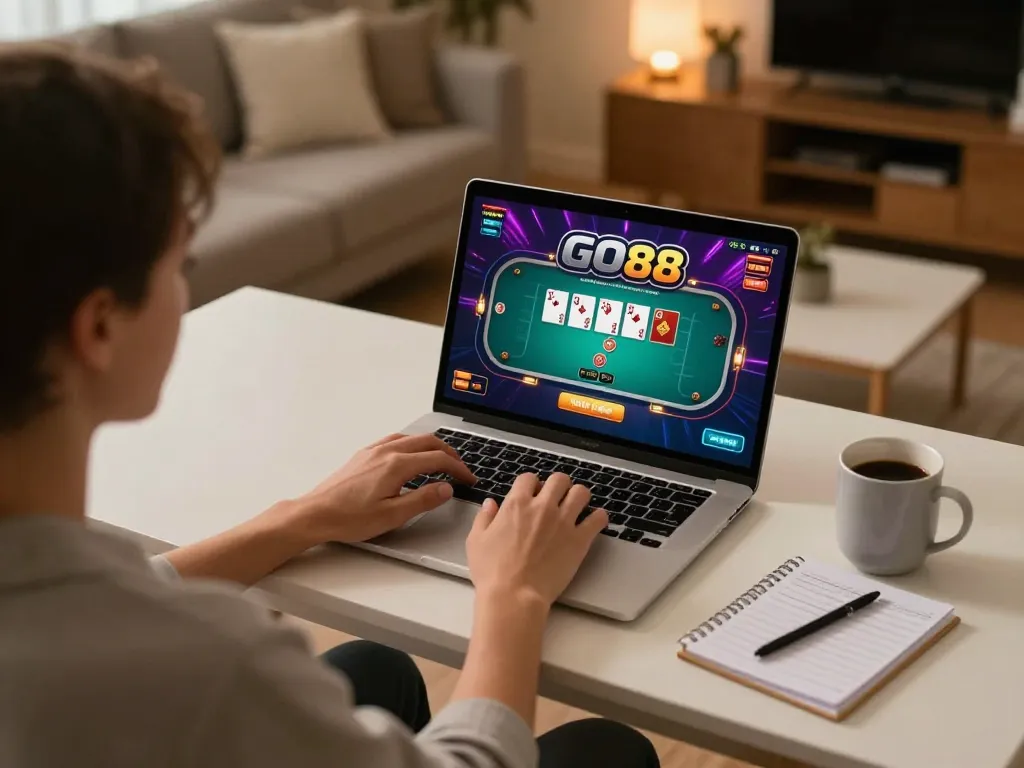 Engaged player gaming on GO88 online platform at home, showing vibrant poker interface on laptop.