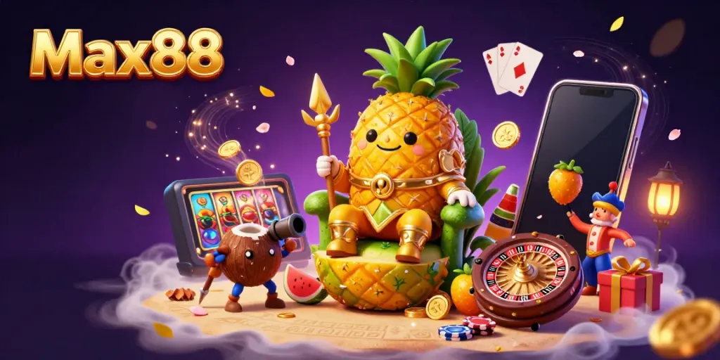 Engage with Max88 in a lively 3D casino scene featuring the golden pineapple king and dynamic gaming elements.