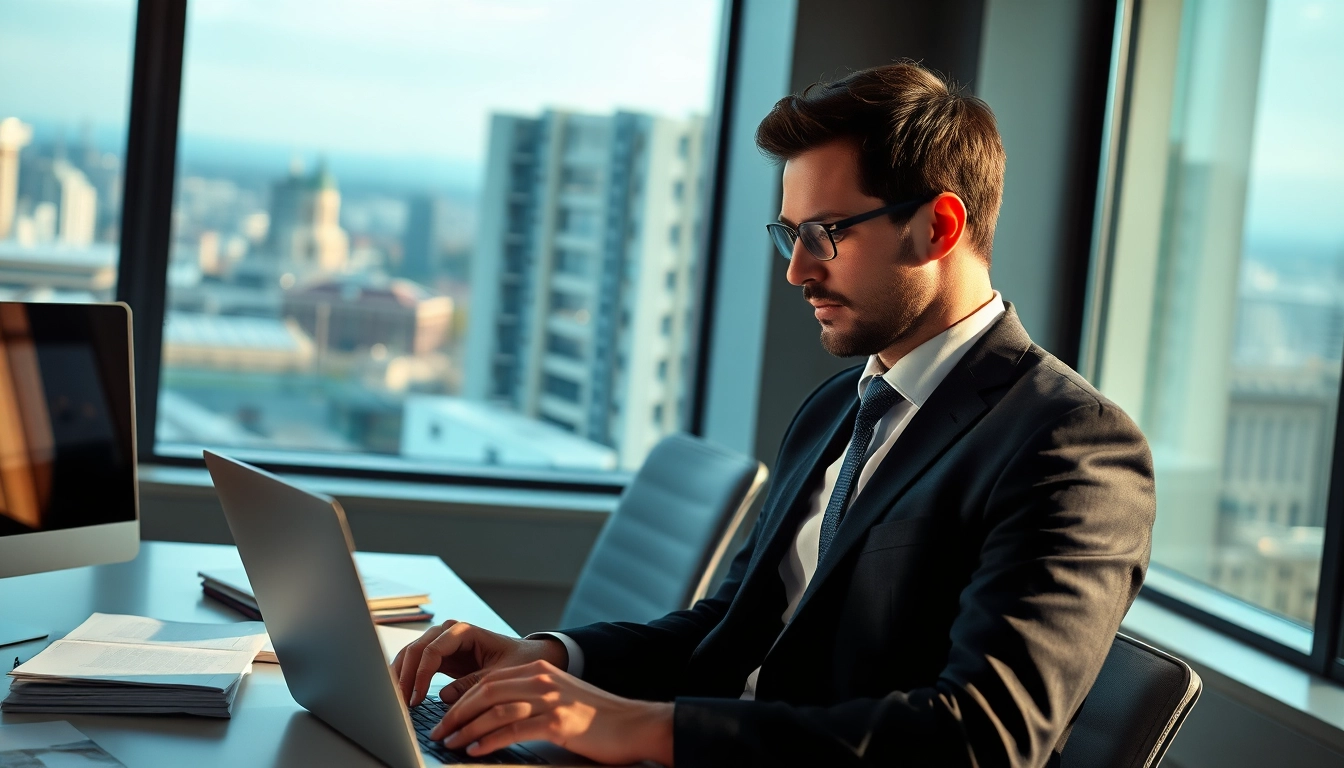 Headhunter Saarbrücken arbeitet in einem modernen Büro, konzentriert am Laptop.